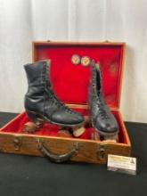 Early 20th Century Chicago Custom Gold Medalist Black Leather Roller Skates w/ Wooden Case