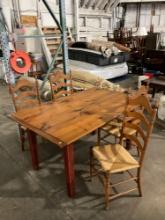 Vintage Wooden Dining Room Table & 4 Ladder Back Chairs w/ Woven Seats. See pics.