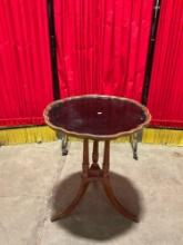 Antique Round Wooden Side Table w/ Black Painted Top, Scalloped Edges & Clawfeet. See pics.
