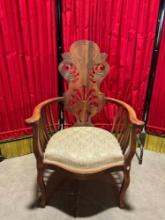 Antique Burnished Red Oak Parlor Chair w/ Ornate Back Piece & Cream Floral Seat. See pics.