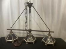 Large Three Shaded Tiffany style stained Hanging Ceiling Lights, w/ Coppered Metal Frame.