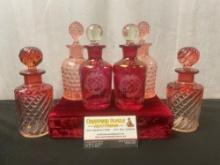 6 Pink Glass Cologne Bottles w/ Lids, 2 numbered matching engraved 13 & 145
