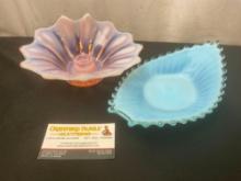 Pair of Vintage Fostoria Heirloom Opalescent Pink & Blue Dishes, 1 w/ candleholder