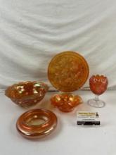 5 pcs Vintage Orange Carnival Glass Assortment. Rare Daisy Plume Cup. Ashtray. Bowls. See pics.