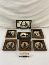 7 pcs Vintage Framed Silhouette on Glass Scenes. "Priscilla," "Colonial Interior". See pics.