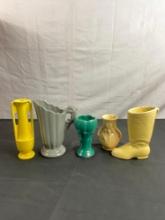Collection of 5 Shawnee Vases incl. Dolphin vase, Bud vase, Boot, Embossed Iris, & Turquoise