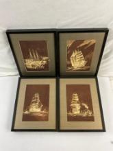 4 pcs Vintage Framed Sepia Toned Lithographs of Sailing Ships by Harry Rice. See pics.