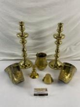 7 pcs Vintage Colombian Solid Brass Assortment. Pair of Candleholders, Pair of Stirrups. See pics.