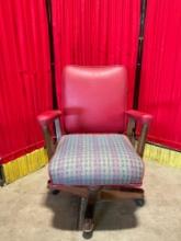 Vintage Red Vinyl and Wooden Swivel Arm Chair. Blue Cushion Upholstery. See pics.