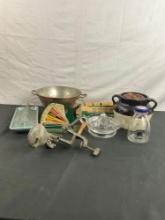 Lot of Vintage Cookware/ Food preparation tools. incl Juicer, Cherry Pitter, Egg scale, Copper