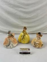 3 pcs Vintage Josef Originals Orange & Yellow Lady Ceramic Figurines. 15th Anniversary. See pics.