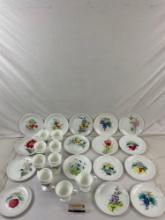 25 pcs Vintage Painted Hobnail Milk Glass Assortment. Plates, Cups, Creamer & Sugar. See pics.