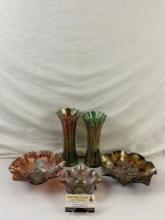 5 pcs Vintage Iridescent Carnival Glass Assortment. 2x Vases, 3x Candy Dishes. See pics.