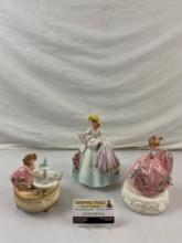 3 pcs Vintage Josef Originals Lady Ceramic Figurine Assortment. 2x Music Boxes. See pics.