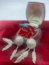 2 pairs of gorgeous sterling silver Native American earrings - turquoise hoop pair & feather