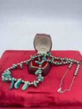 Natural turquoise chunk & sterling silver beaded statement necklace signed B.A.B. sterling