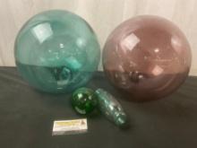 2 Larger & 2 Smaller Japanese Glass Floats, Blue/Red