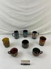 8 pcs Vintage Iridescent Carnival Glass Cup Assortment. Mugs, Teacups, Glasses. See pics.