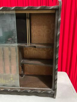 Vintage Black Painted Glass Fronted Wooden Hanging Wall Display Case w/ Sliding Glass Doors. See