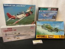 4x 1:72 Scale Model Kits, Cessna 172, Beechcraft T-34C, Mitchell B25c, Piper Cherokee 140