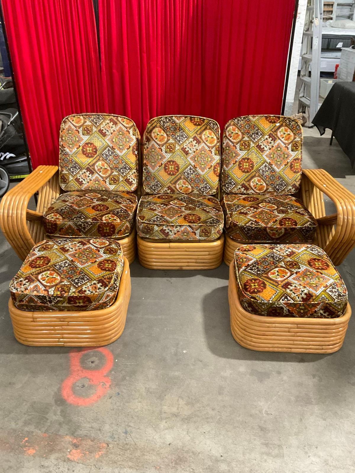 Mid Century 5pc Rattan Couch W/ 2 Ottomans & Gorgeous Intricate Floral Upholstery - See pics