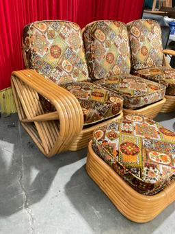 Mid Century 5pc Rattan Couch W/ 2 Ottomans & Gorgeous Intricate Floral Upholstery - See pics