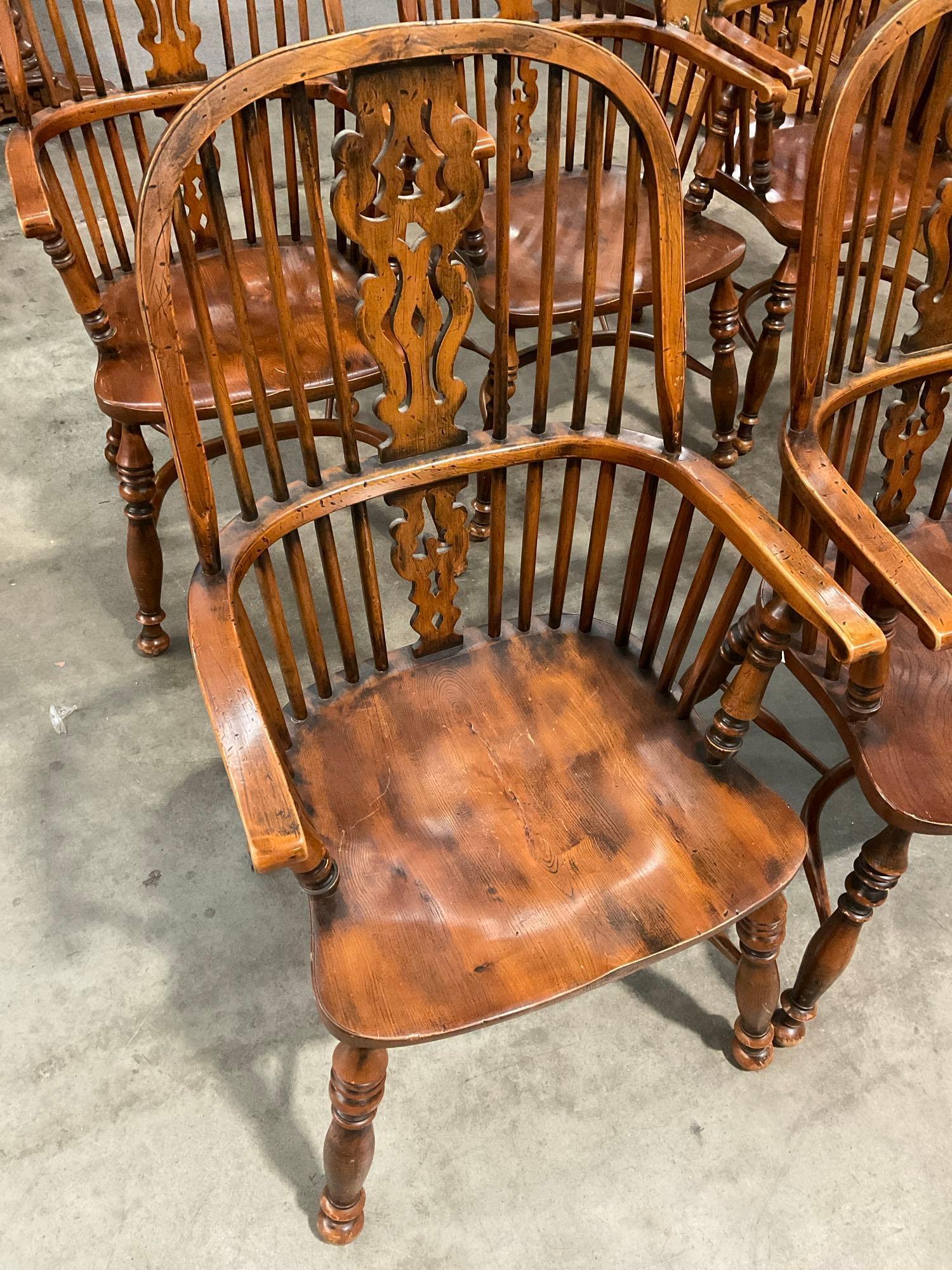 6 pcs Vintage English Oak Dowel Back Captain's Chairs. Measures 23" x 43.5" See pics.