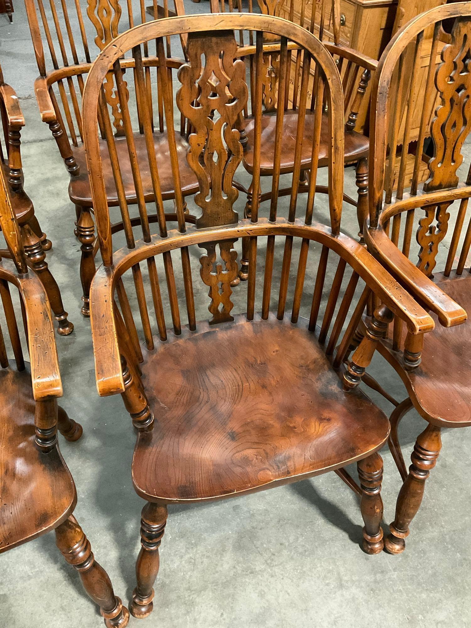 6 pcs Vintage English Oak Dowel Back Captain's Chairs. Measures 23" x 43.5" See pics.