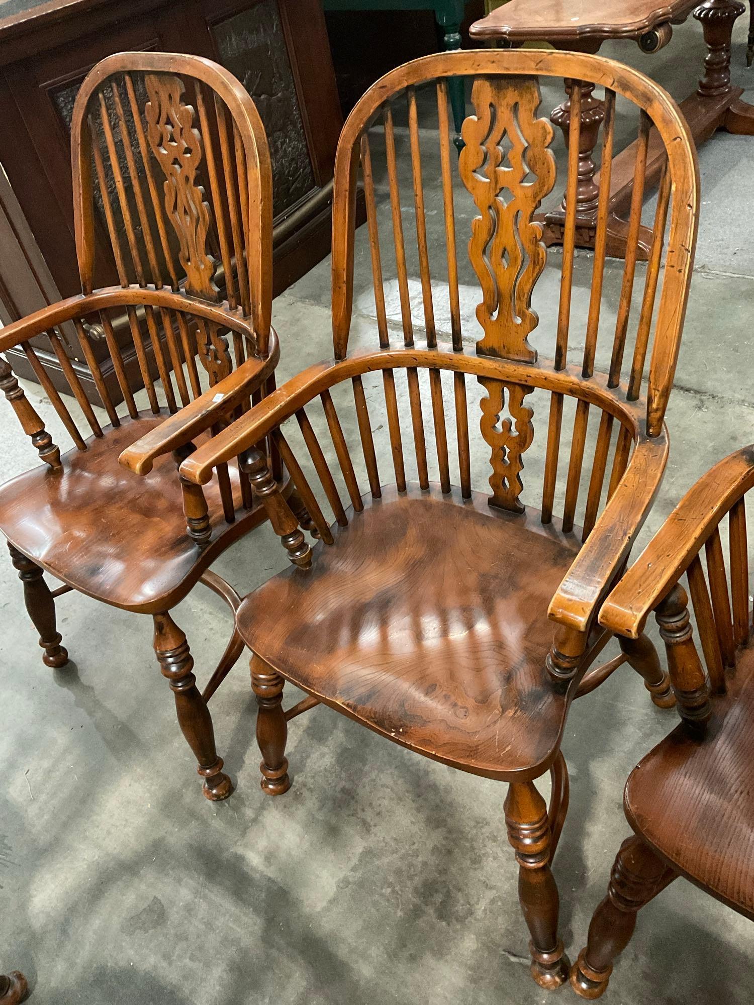 6 pcs Vintage English Oak Dowel Back Captain's Chairs. Measures 23" x 43.5" See pics.