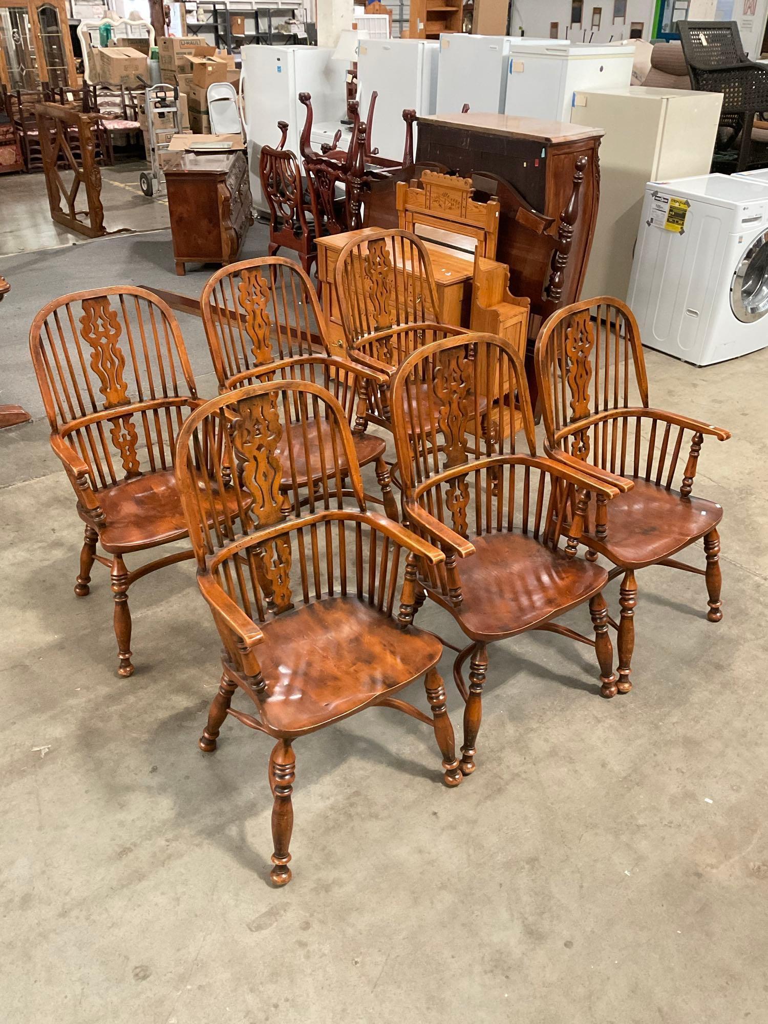 6 pcs Vintage English Oak Dowel Back Captain's Chairs. Measures 23" x 43.5" See pics.