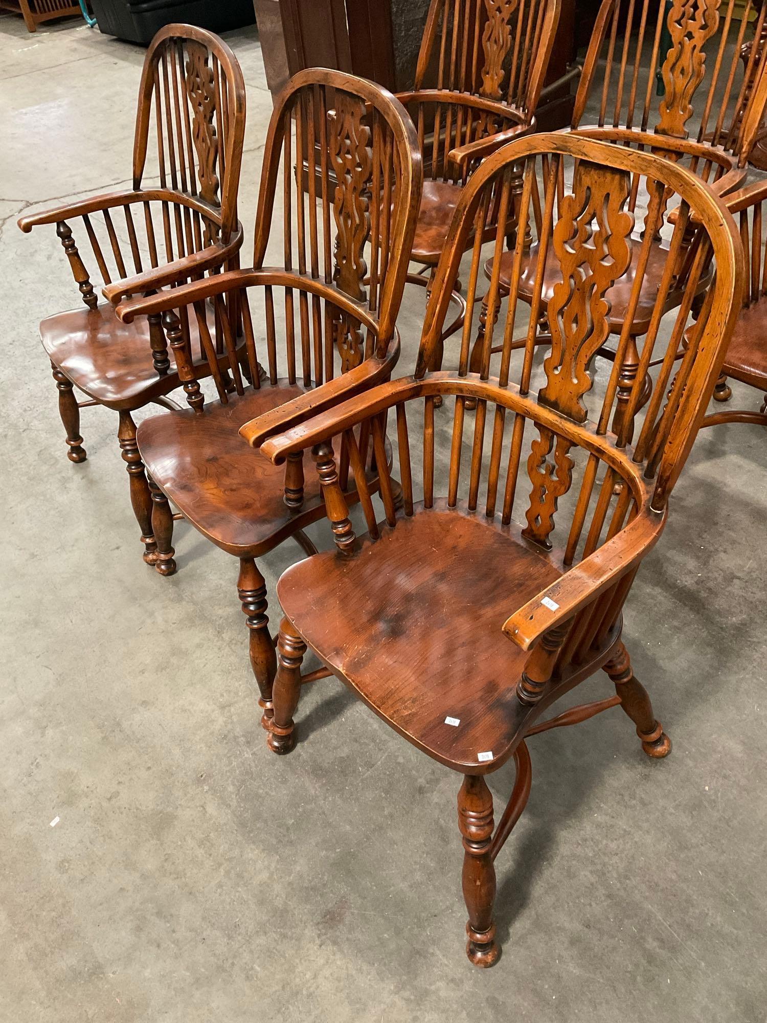 6 pcs Vintage English Oak Dowel Back Captain's Chairs. Measures 23" x 43.5" See pics.