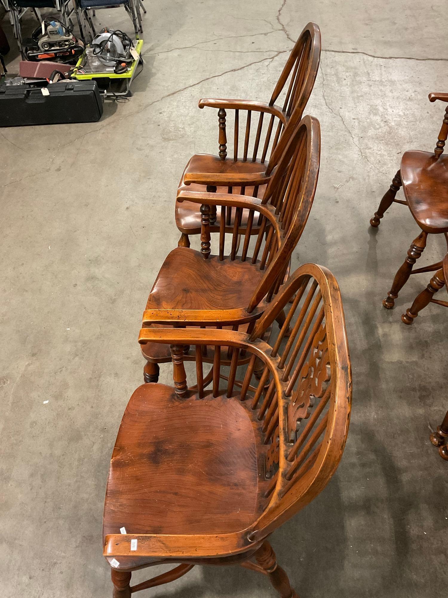 6 pcs Vintage English Oak Dowel Back Captain's Chairs. Measures 23" x 43.5" See pics.