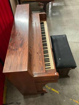 Vintage Wheeled Wooden Piano No. 139392 & Suede Topped Piano Stool w/ Compartment. See pics.