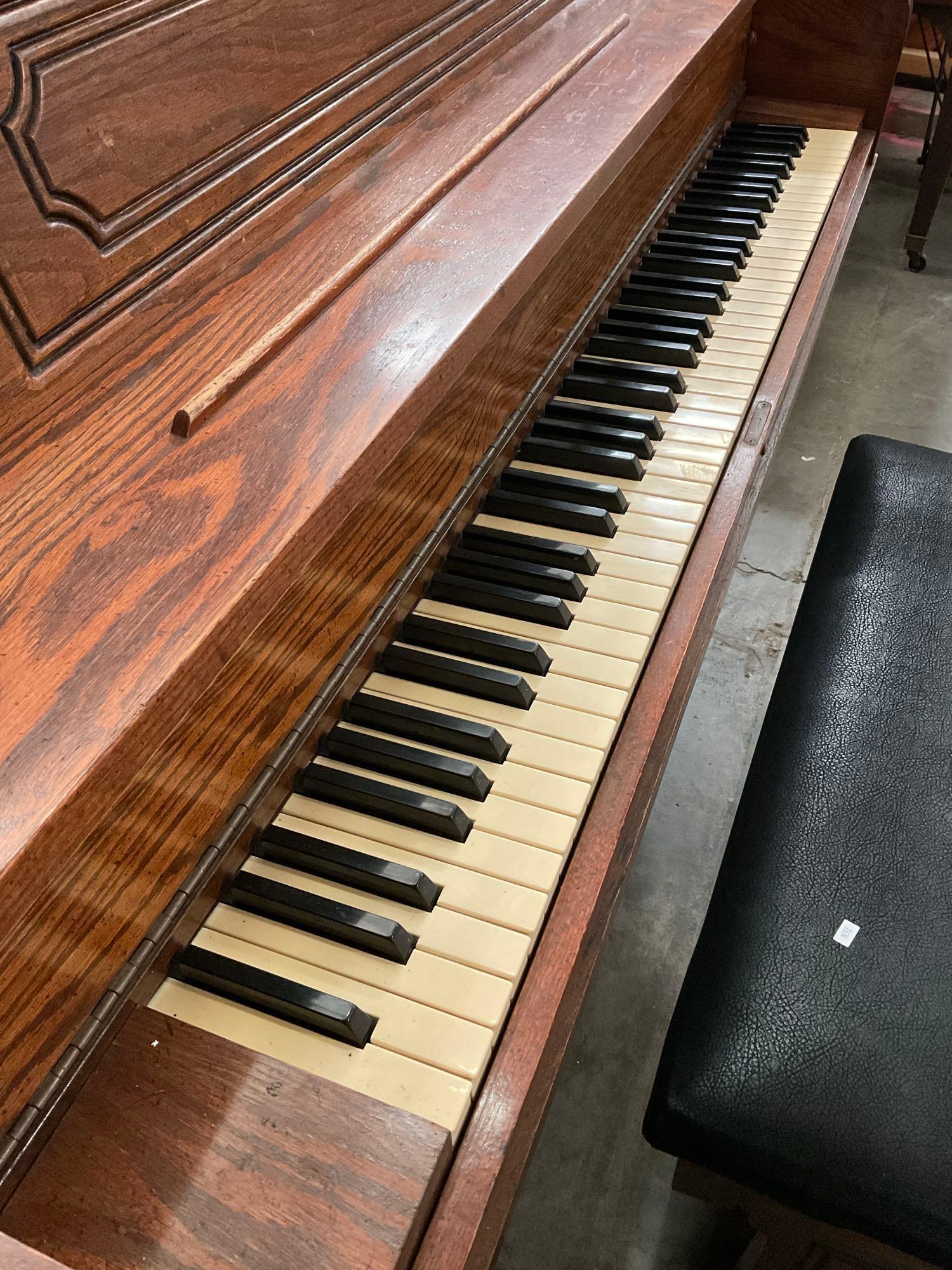 Vintage Wheeled Wooden Piano No. 139392 & Suede Topped Piano Stool w/ Compartment. See pics.