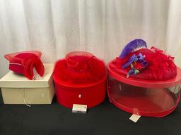 Trio of Red Church Hats, assortment of materials, a couple felt, and one mesh, w/ hat boxes