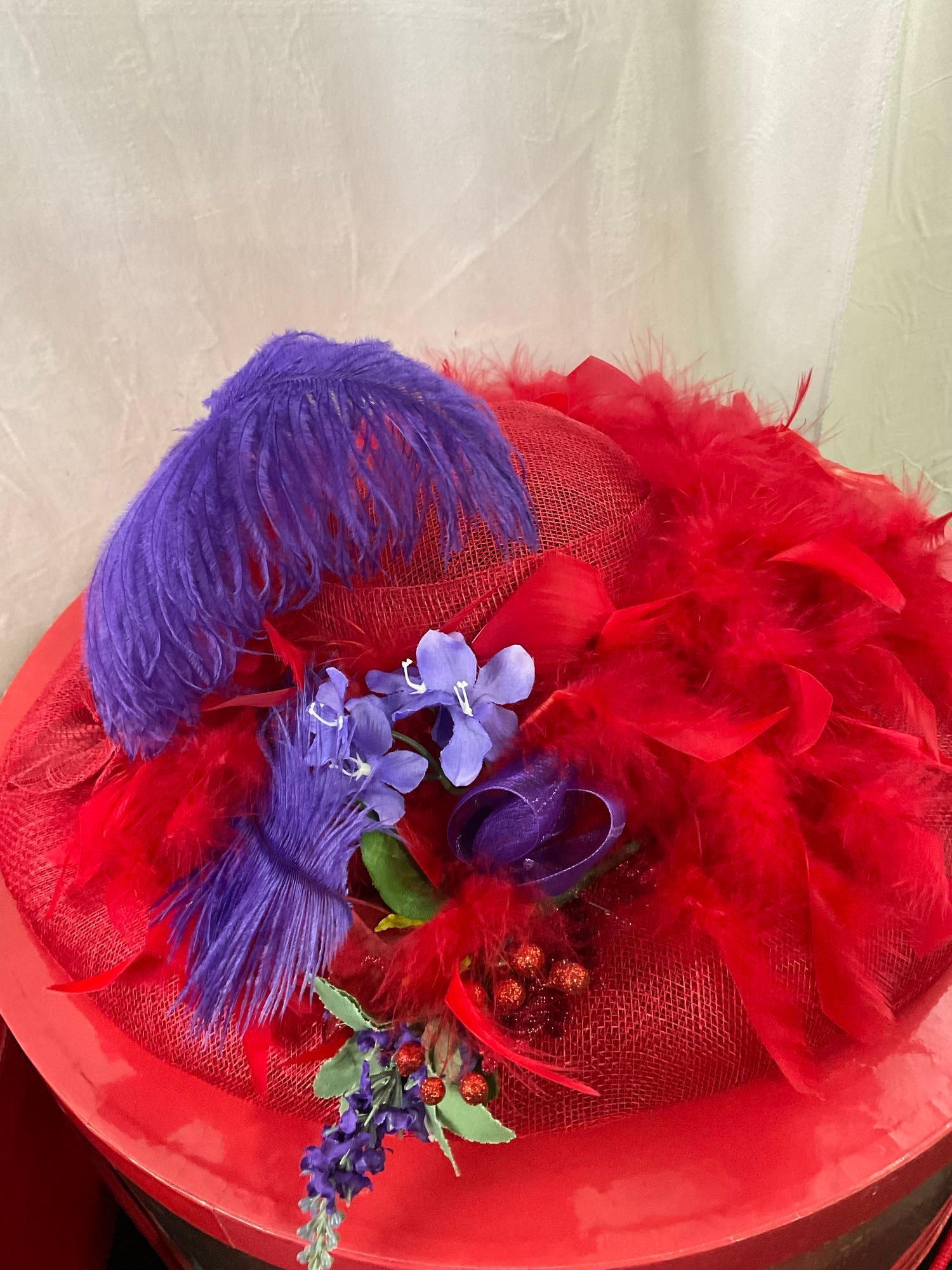 Trio of Red Church Hats, assortment of materials, a couple felt, and one mesh, w/ hat boxes