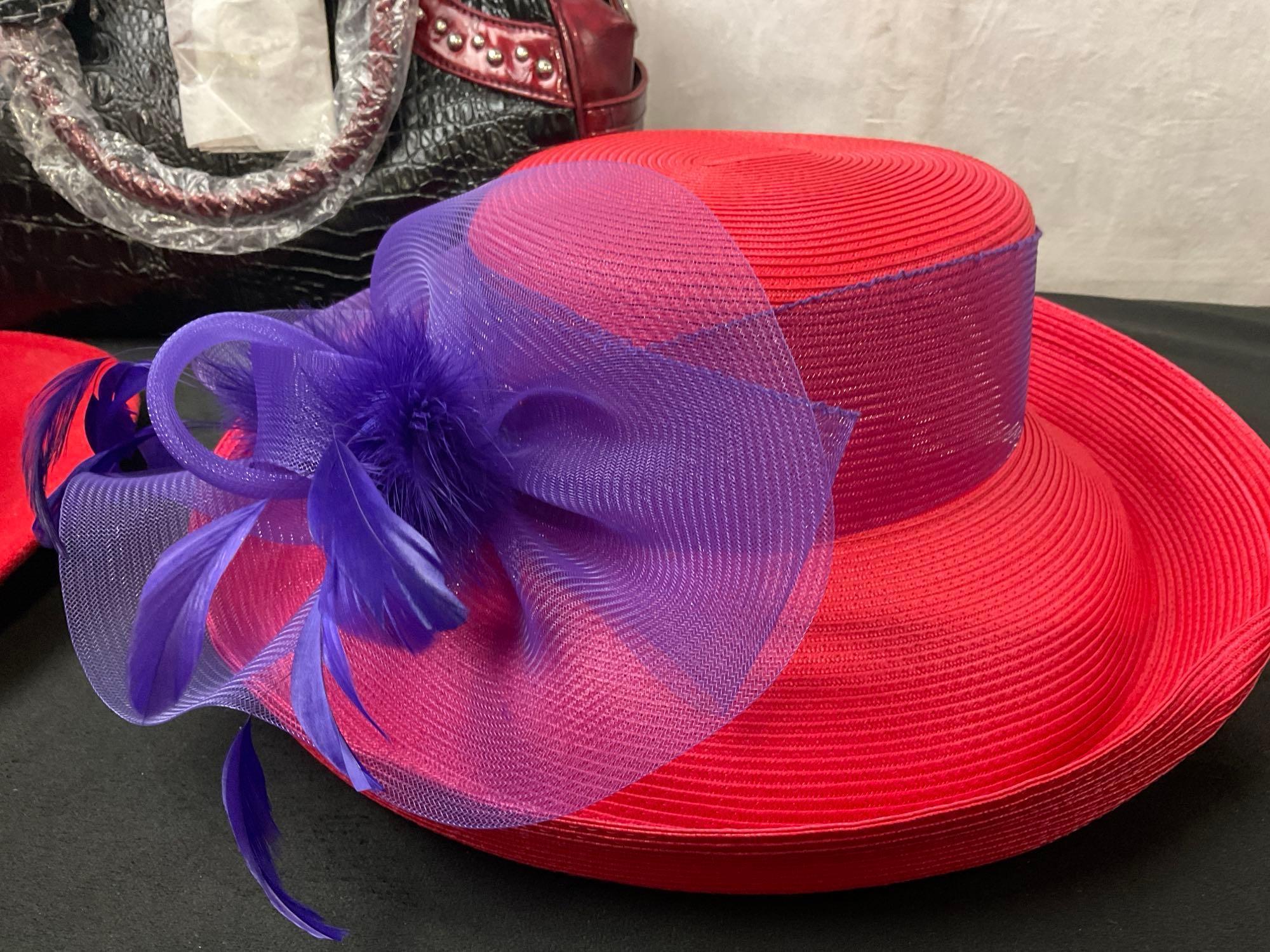 Pair of Red Hats, Wool Cowboy Hat & Red Wedding Hat/Purple Bow, New Madi Claire Two Tone Red/Black