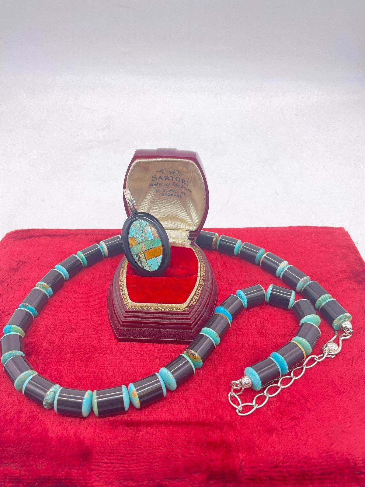 Sterling silver heavy turquoise and jet/onyx bead necklace and pendant set like new