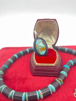 Sterling silver heavy turquoise and jet/onyx bead necklace and pendant set like new