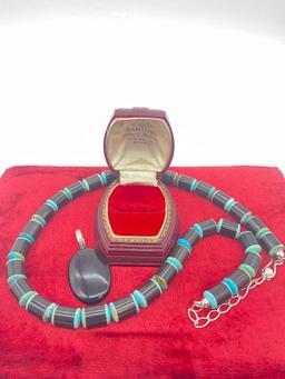 Sterling silver heavy turquoise and jet/onyx bead necklace and pendant set like new