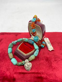 Pair of sterling silver and turquoise bracelets - heart charm bracelet with chunks and