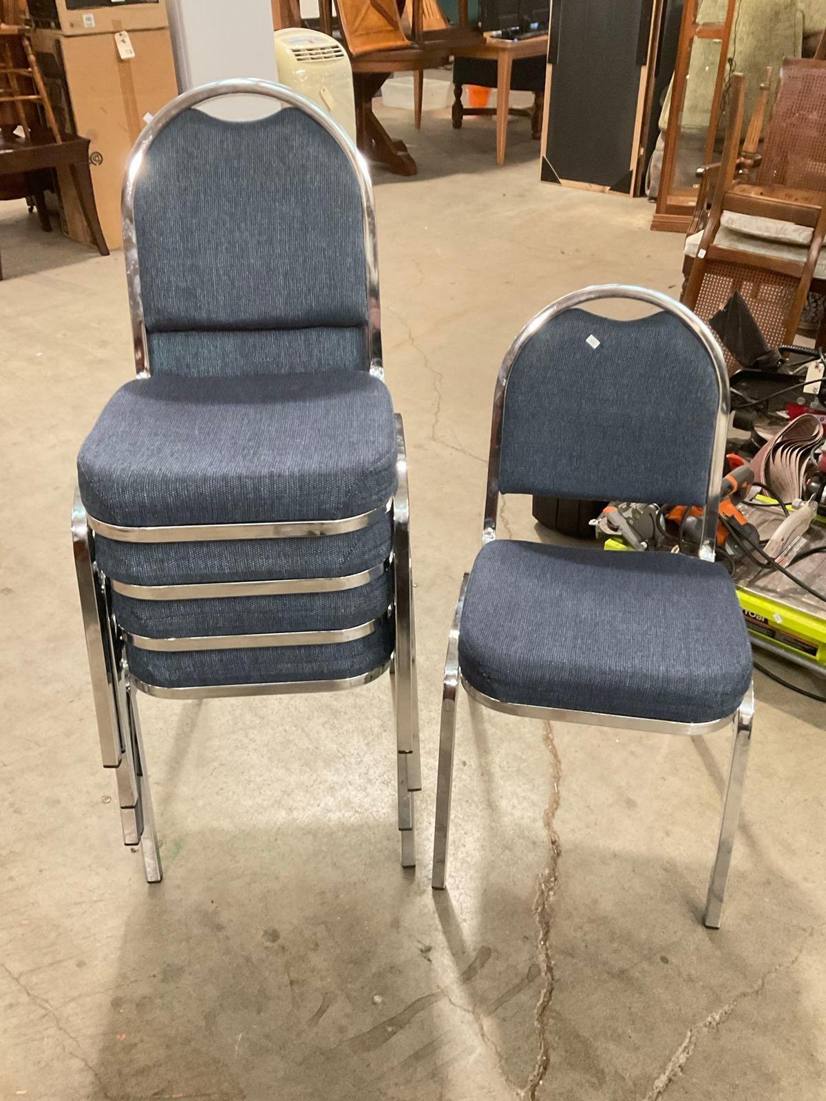 Set of 5 Chrome Blue Stacking Chairs w/ Cushioned Upholstery - See pics