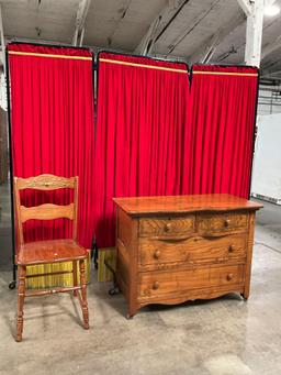 Vintage Ash Wood Wheeled Vanity w/ 4 Drawers & Matching Chair w/ Painted Floral Accents. See pics.