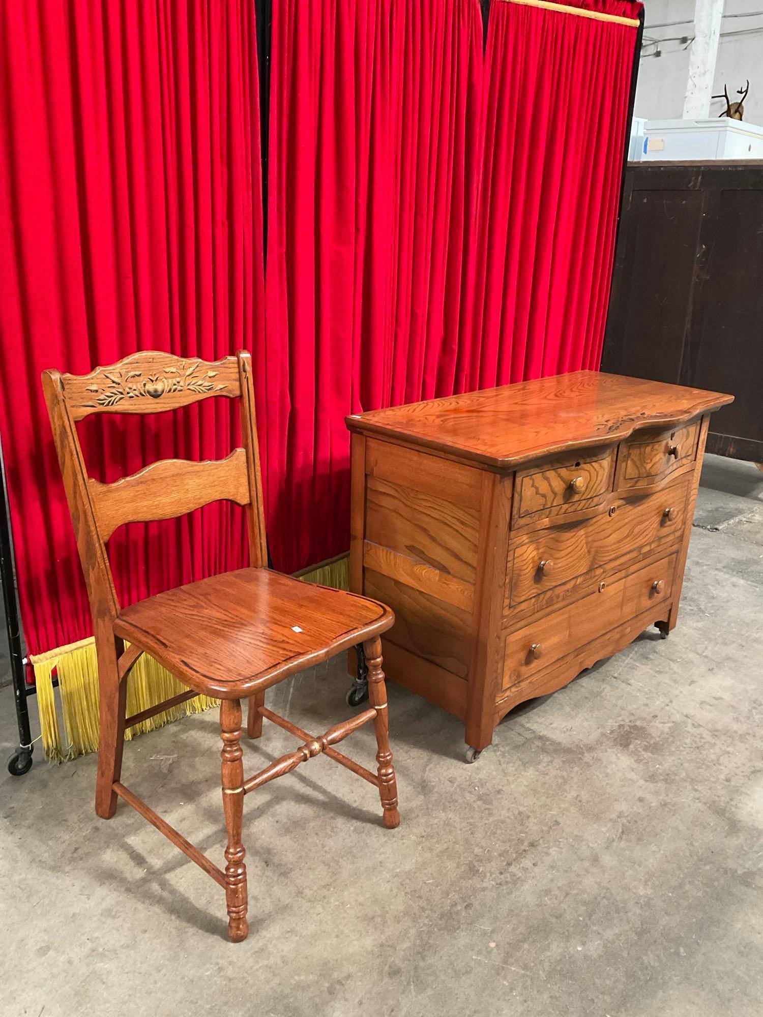 Vintage Ash Wood Wheeled Vanity w/ 4 Drawers & Matching Chair w/ Painted Floral Accents. See pics.