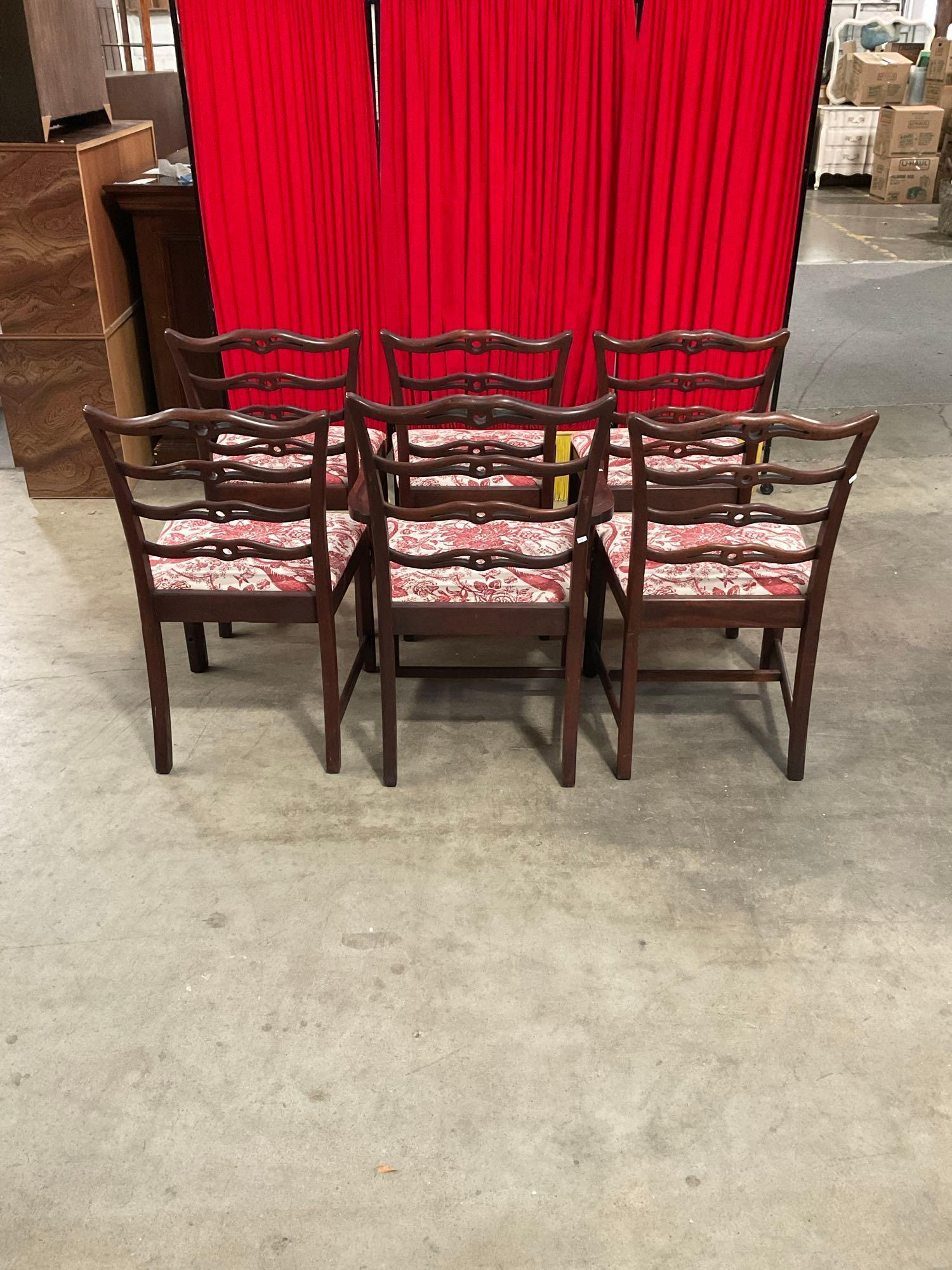 6 pcs Antique Cherry Ladder Back Dining Chairs w/ Red Paisley Upholstery. See pics.