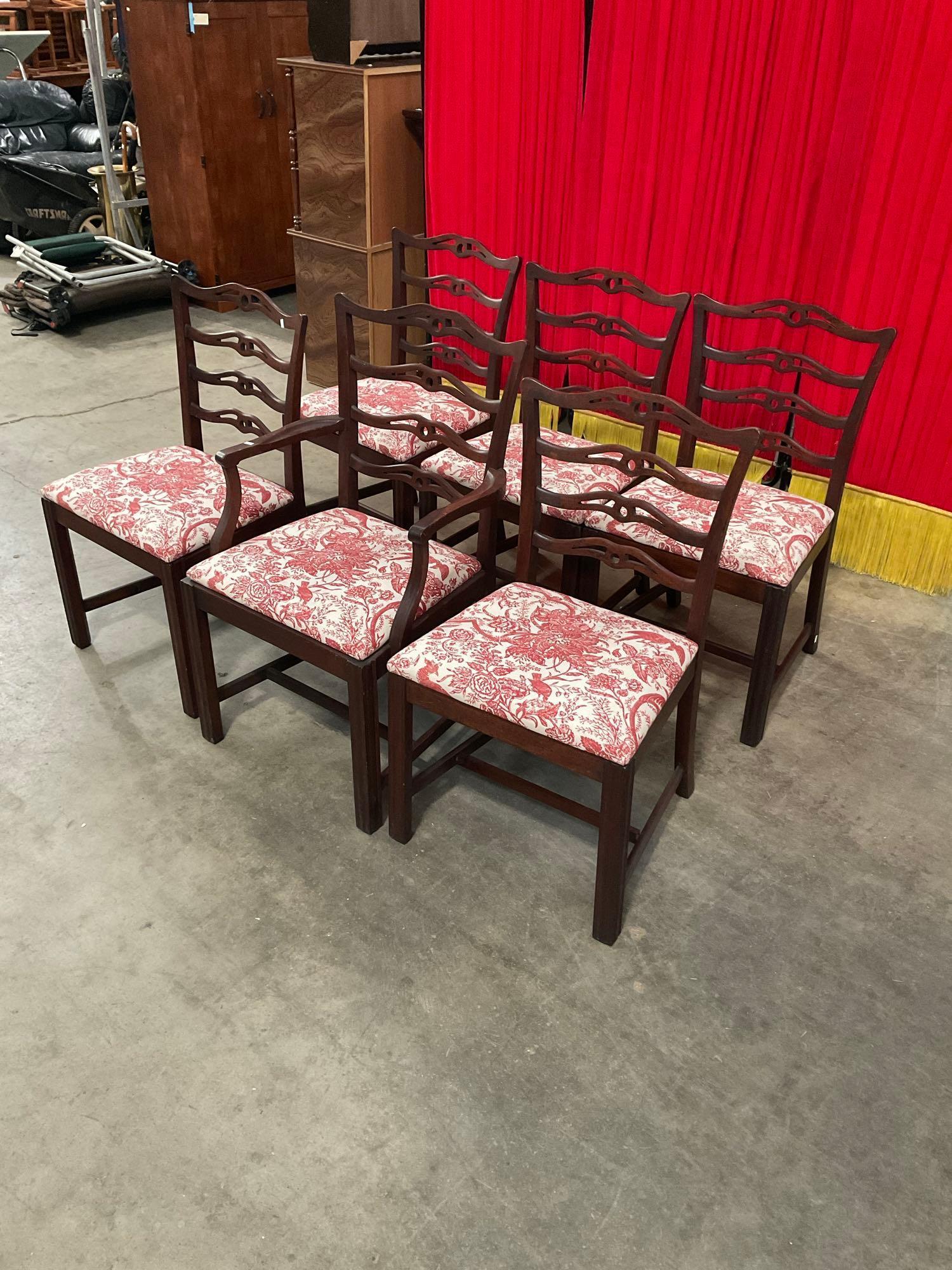 6 pcs Antique Cherry Ladder Back Dining Chairs w/ Red Paisley Upholstery. See pics.