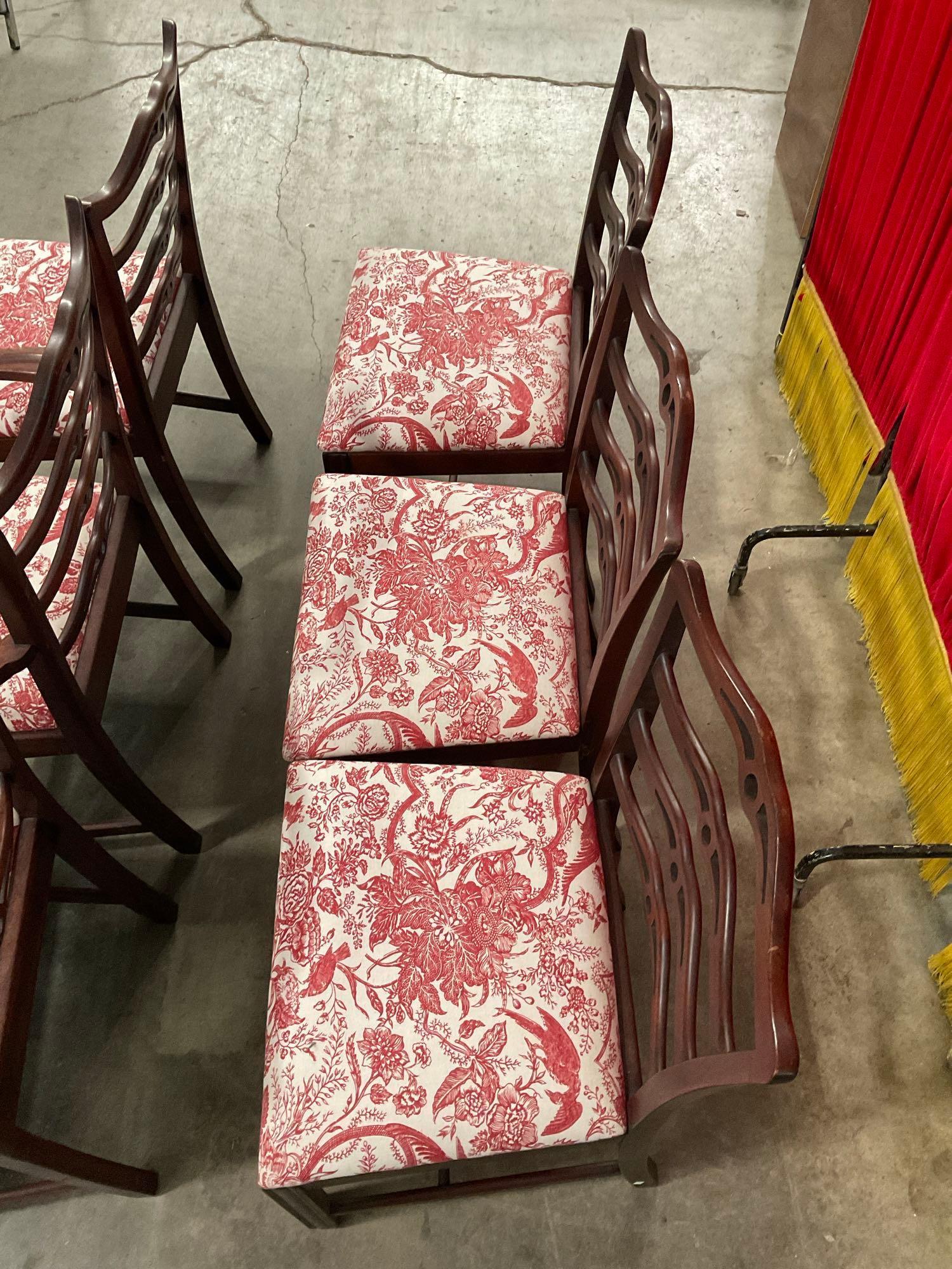 6 pcs Antique Cherry Ladder Back Dining Chairs w/ Red Paisley Upholstery. See pics.