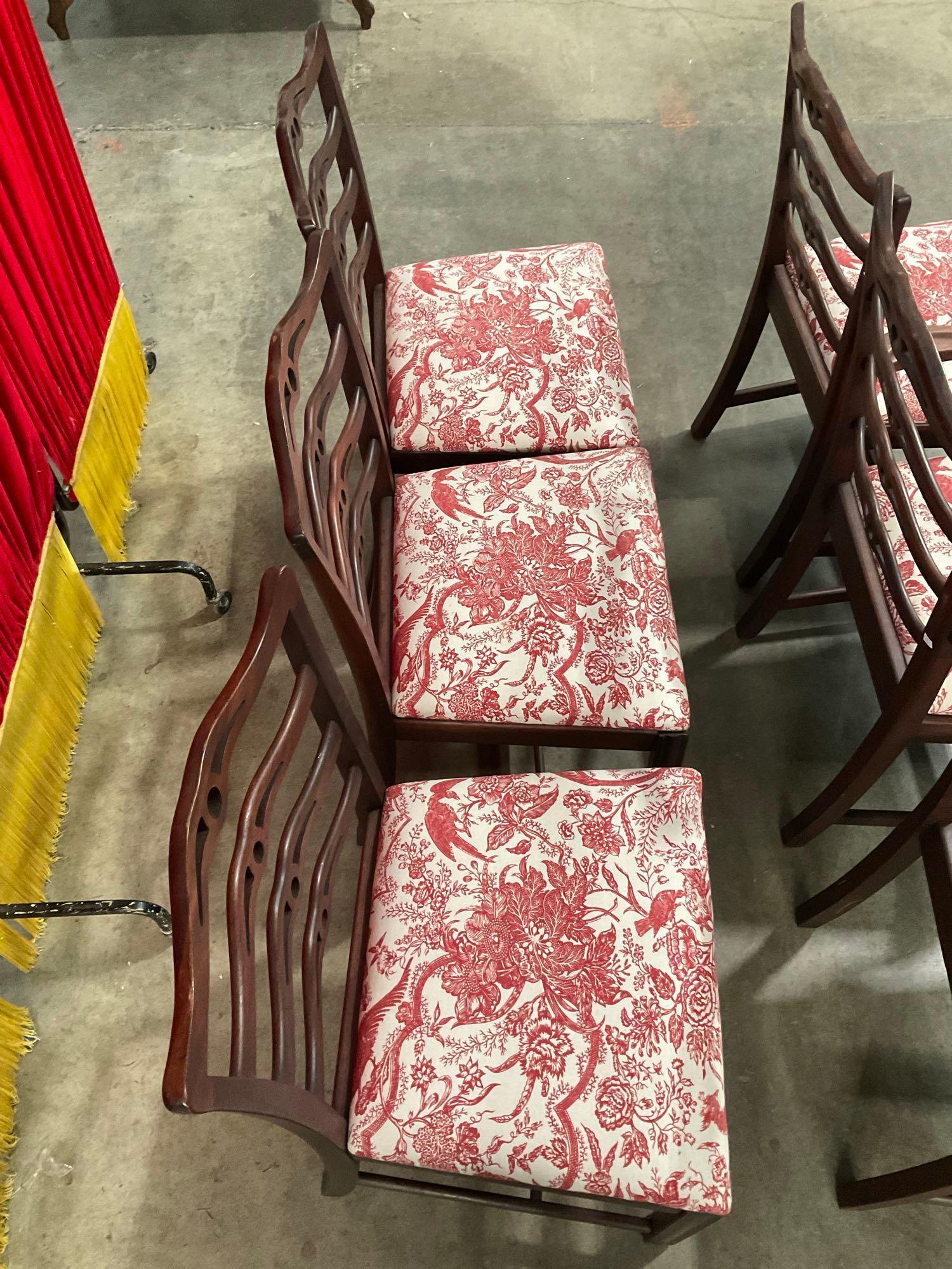 6 pcs Antique Cherry Ladder Back Dining Chairs w/ Red Paisley Upholstery. See pics.