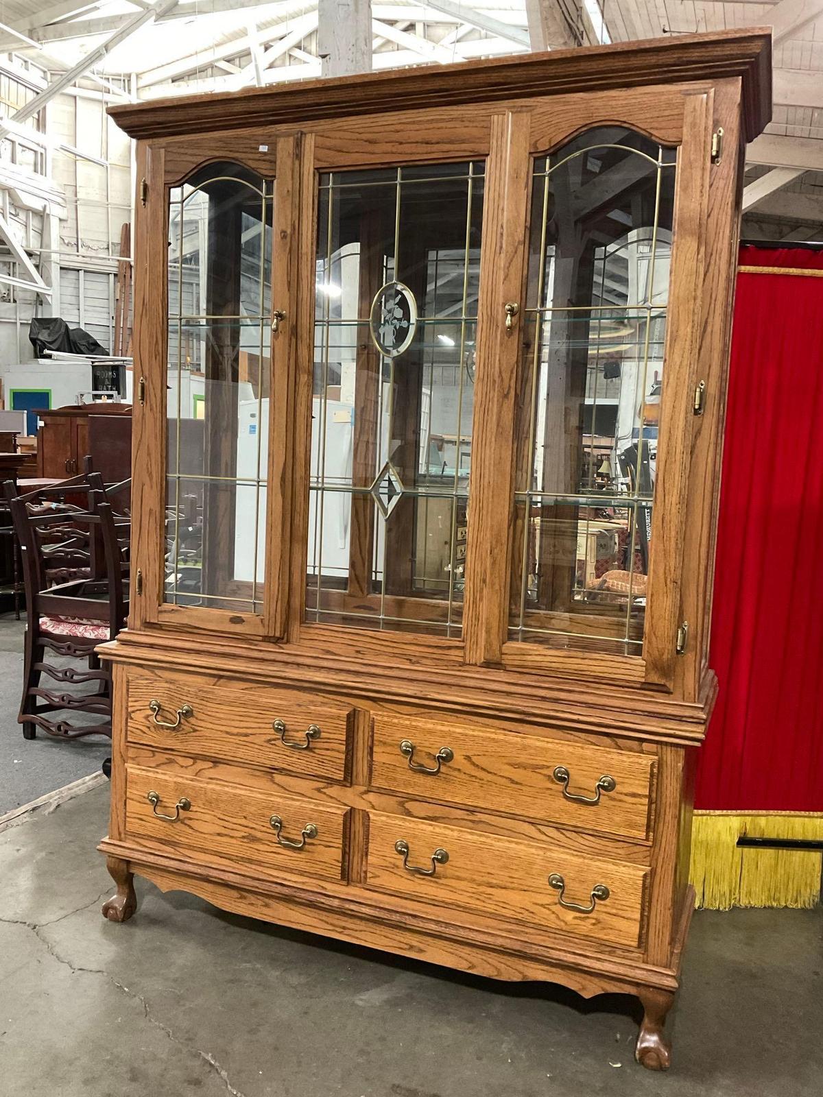 Vintage L&A Oak 2 Piece Glass Fronted Display Cabinet w/ 2 Glass Shelves & 4 Drawers. See pics.