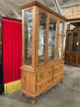 Vintage L&A Oak 2 Piece Glass Fronted Display Cabinet w/ 2 Glass Shelves & 4 Drawers. See pics.